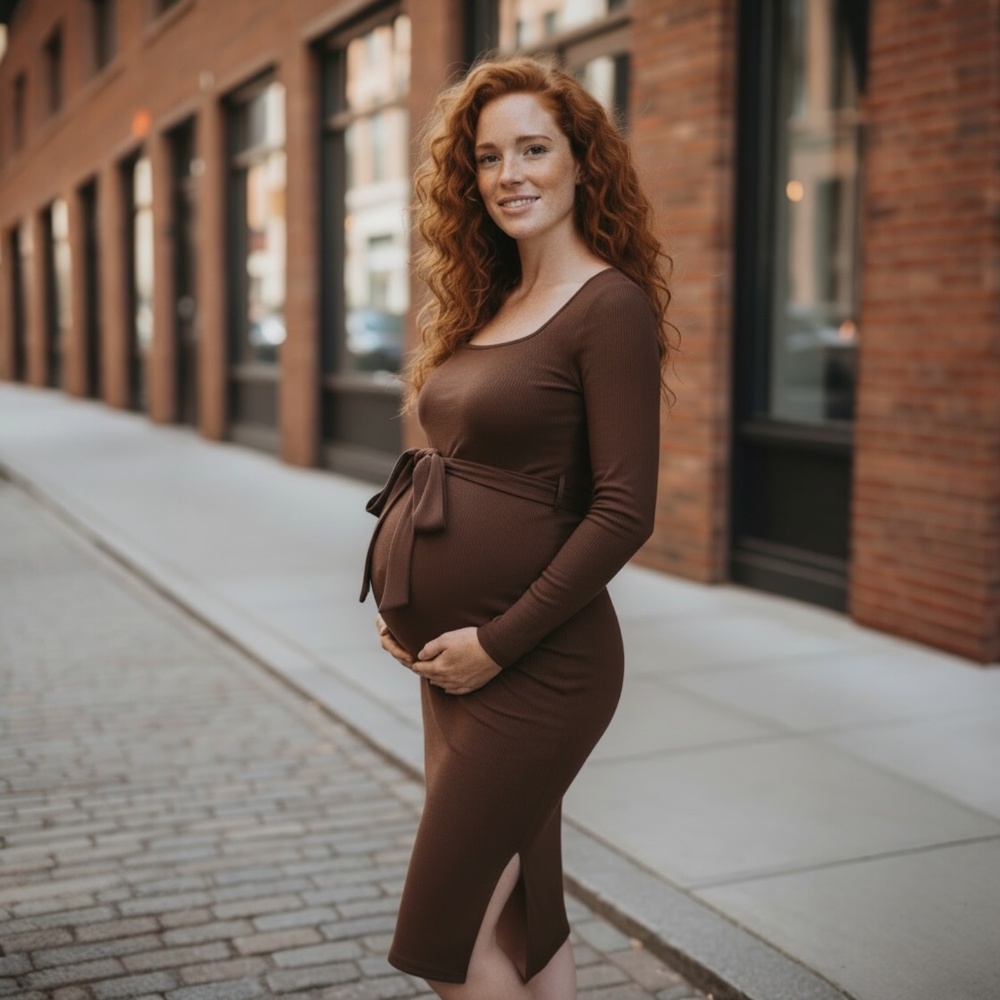 SHEIN NWOT Maternity Chic Sweetheart Neck Belted Dress Midi Timeless Brown L - Picture 16 of 16